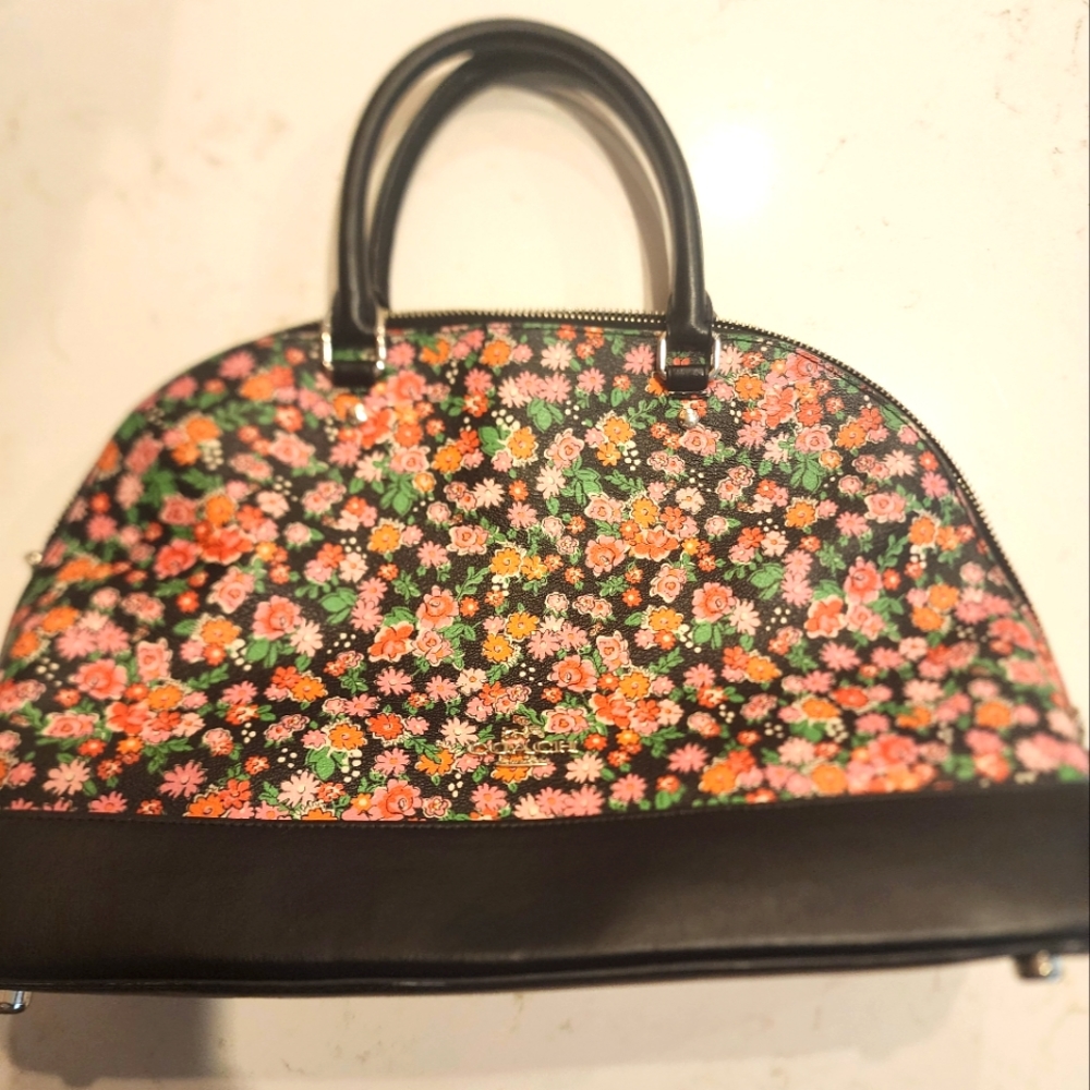Coach Black Floral Dome Satchel with Pink Orange & Green Accents